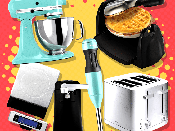 A collage of small appliances fill the space on top of a red and yellow background