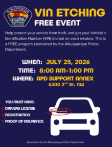 A graphic detailing an event to have your VIN etched on your car for free on July 25 from 8 am to 1 pm