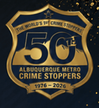 A logo for Crime Stoppers in Albuquerque in the form of a police badge with in gold and black, marking the 50th Anniversary of the group