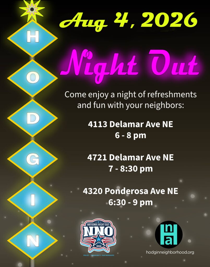 A graphic detailing event for the Hodgin Night Out