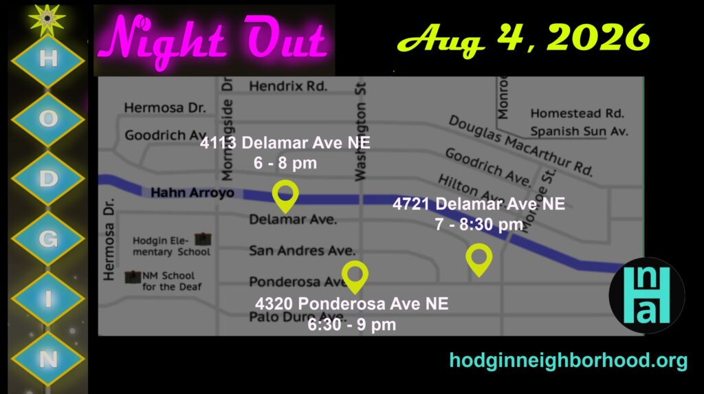 A map of the Hodgin neighborhood highlighting three locations of National Night Out Gatherings, and their times.