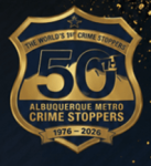 A logo for Crime Stoppers in Albuquerque in the form of a police badge with in gold and black, marking the 50th Anniversary of the group