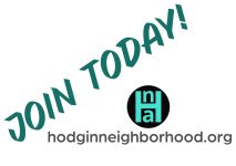 A graphic with the phrase "Join Today!" at an angle rising from the lower left corner. Along the bottom of the image is "hodginneighborhood.org" with the Hodgin Association logo, a black circle with the letters HNA in it, above.