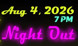 The text Aug 4, 2026, 7PM, Night Out appear in yellow, teal and violet respectively on a black background