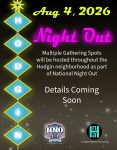 A Flyer introducing information on Hodgin participation in the National Night Out. The graphic is dark with text elements mimicking neon lights and vintage signage.