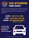 A graphic detailing an event to have your VIN etched on your car for free on July 25 from 8 am to 1 pm